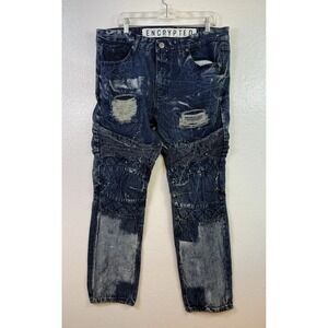 ENCRYPTED Distressed Moto Jeans Sz 36x30 Blue Acid Wash Tapered Leg Zippers Punk